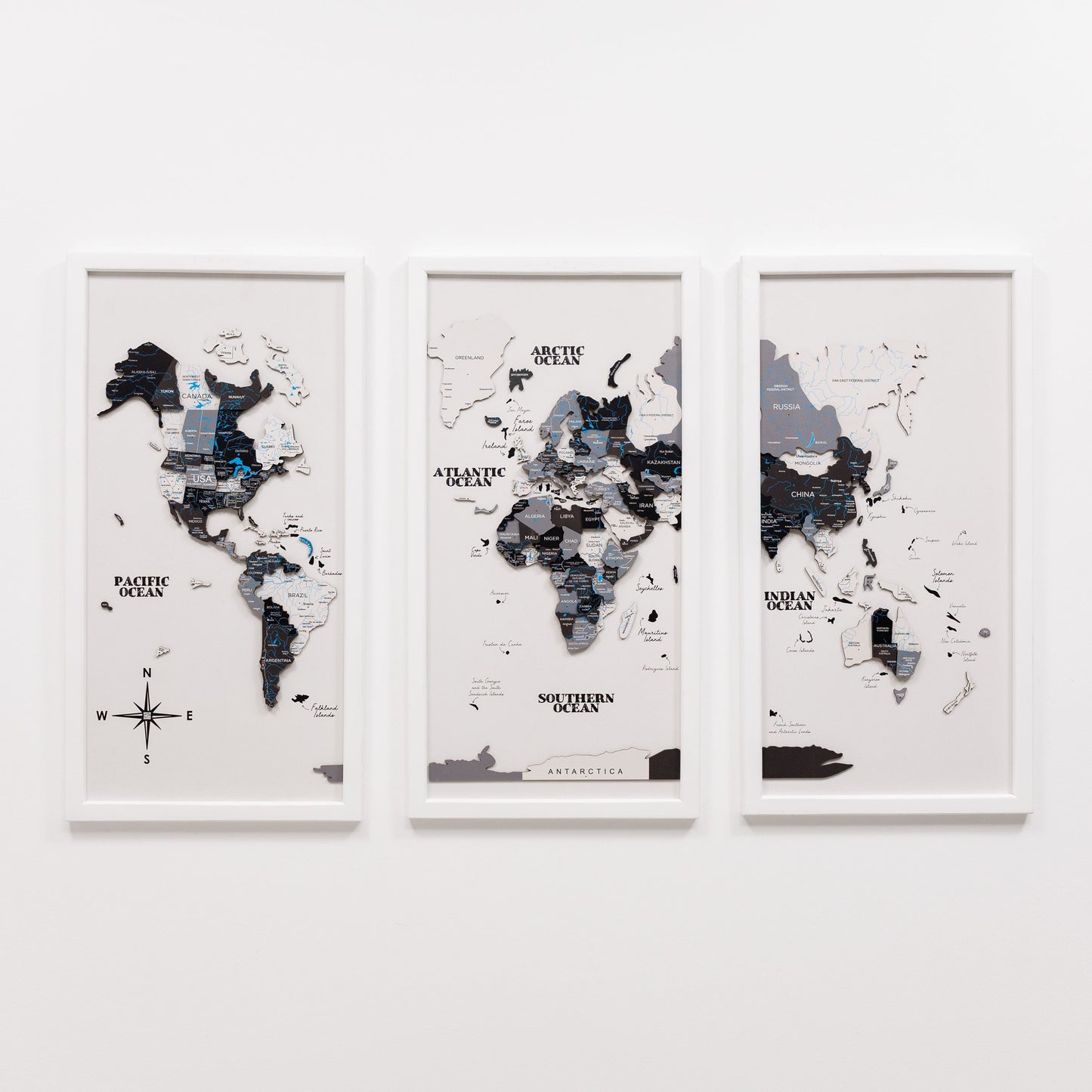 Triptych Wall Art - Wooden World Map (Nordik)